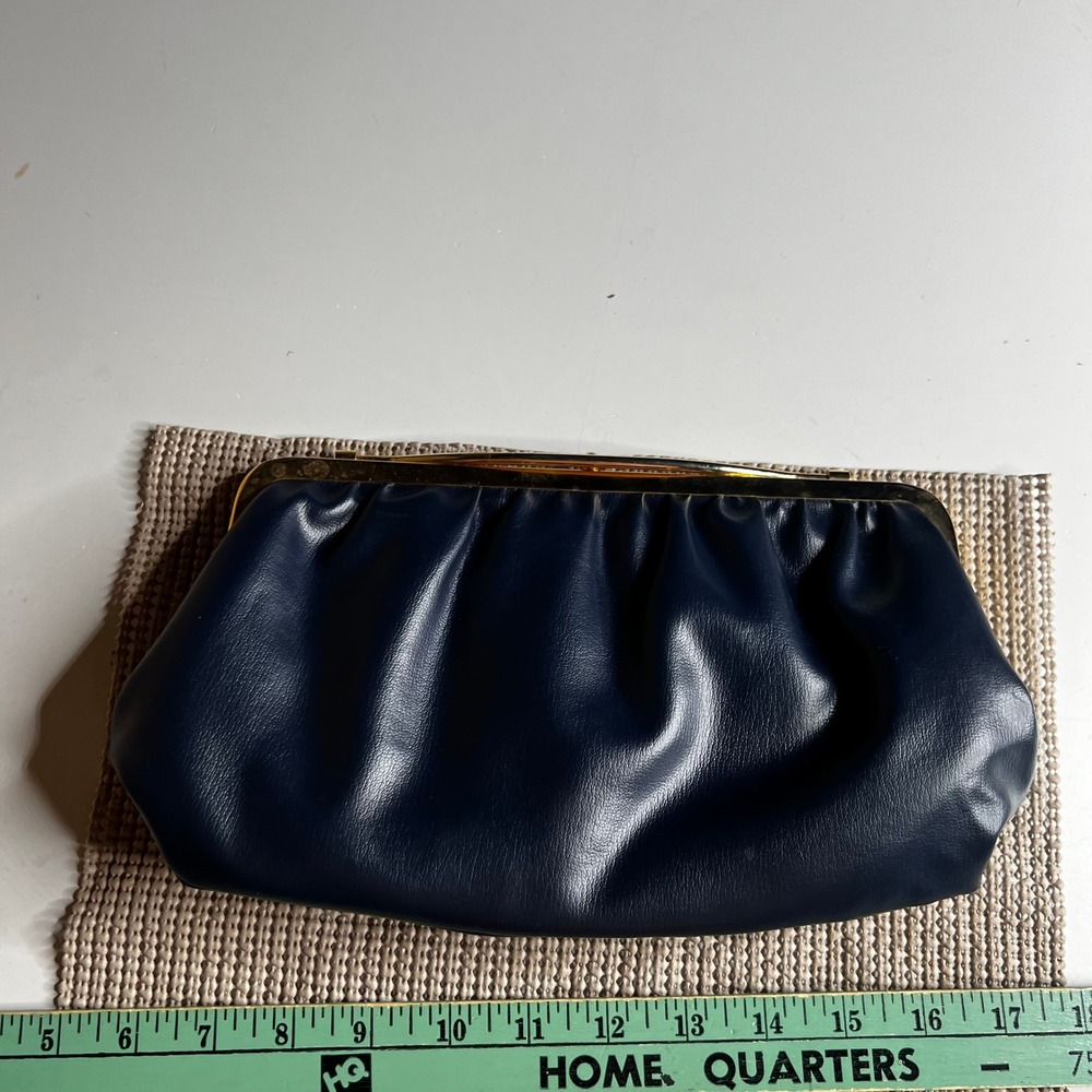 Vintage 70s Navy Blue Faux Leather Ruched Clutch Bag Gold Frame Red Lining